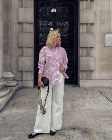 Candy pink for summer 💖 @ro_and_zo / ad-pr #summershirt #pinkstripyshirt #pinkshirt #widelegjeans #whitejeans #summeroutfit #outfitinspo #bloggerstyle #whatveganswear #veganfashion Pink Pinstripe Shirt Outfit, Pink And White Striped Shirt Outfit, White Striped Shirt Outfit, Vegan Fashion, Pink Shirt, Striped Fabrics, Pink Stripes, New Tops, Denim Shop