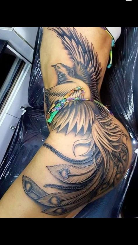 Thigh Add On Tattoos, Phoenix Tattoo Thigh, Phoenix Thigh Tattoo, Hip Thigh Tattoos Unique, Tato Phoenix, Woman With Tattoos, Side Thigh Tattoos, Girl Thigh Tattoos, Hip Thigh Tattoos