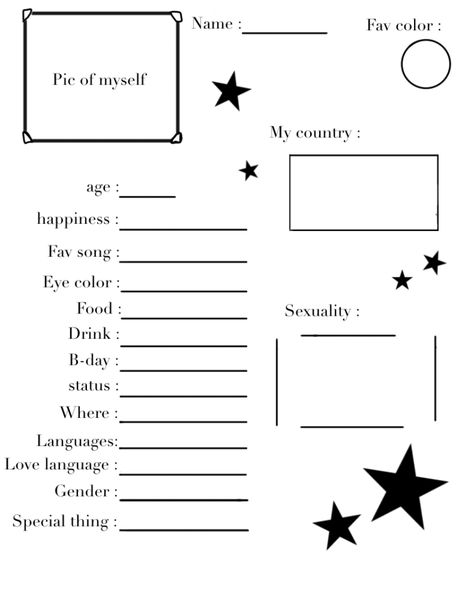 About Myself Template, Introducing Myself Ideas, Fill The Jars Template, Character Sheet Writing, Me Template, Funny Charts, Journal Mood Tracker Ideas, Oc Template, Diary Template