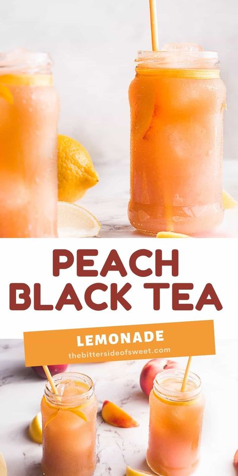 This simple, refreshing Peach Black Tea Lemonade has the perfect blend of flavors and just a touch of sweetness! Perfect for hot summer days! | The Bitter Side of Sweet Peach Tea Lemonade, Black Tea Recipe, Mango Banana Smoothie, Happy Hour Food, Tea Lemonade, Make Simple Syrup, Iced Tea Recipes, Delicious Drink Recipes, Big Ears