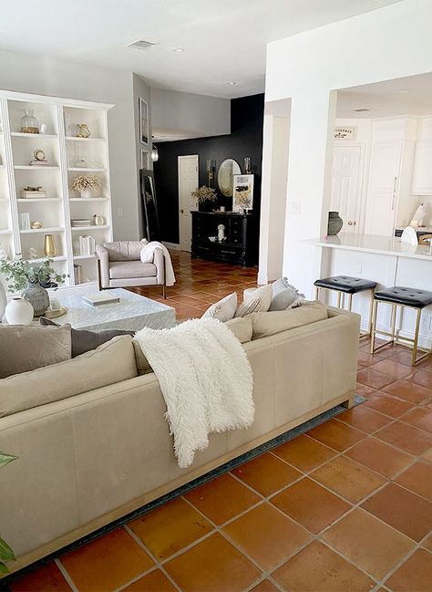 Saltillo Tile Modern Decor, Saltillo Tile Home Decor, Terra Cotta Tile Floors Living Room, Rug Over Tile Floor Living Rooms, Saltillo Tile Living Room Modern, Red Tiles Living Room, Red Tile Living Room, Living Room With Terracotta Floor, Tan Tile Living Room