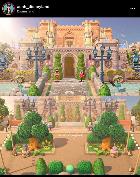 Animal Crossing Castle Design, Animal Crossing Design Codes Castle, Castle Core Animal Crossing, Disneyland Animal Crossing, Disney Animal Crossing Designs, Acnh Disney Design Codes, Acnh Disney Island, Castle Animal Crossing, Animal Crossing Castle