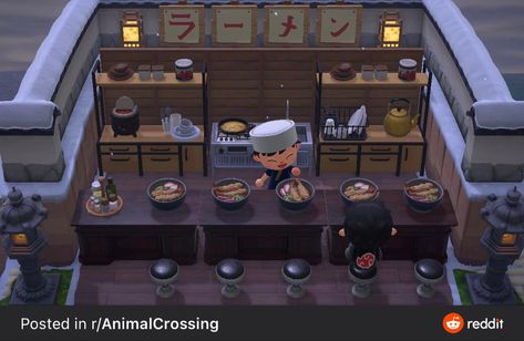 Acnh Ramen Shop, Acnh Zen Garden, Animal Crossing Inspiration, Acnh Citycore, Sushi Bar Design, Up Nursery, Animal Crossing Designs, Ramen Bar, Animal Crossing Guide