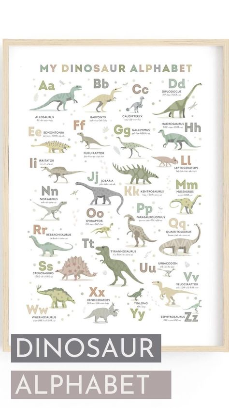 a dinosaur alphabet, with illustrations of 26 different dinosaurs, one for each letter of the alphabet in a neutral green and earthtone colour palette framed simply in a thin oak frame and placed on a plain white wall Dinosaur Nursery Gender Neutral, Vintage Dinosaur Nursery, Gender Neutral Dinosaur Nursery, Neutral Dinosaur Nursery, Green Dinosaur Nursery, Baby Boy Dinosaur Nursery, Boy Nursery Dinosaur, Dinosaur Nursery Baby Boy, Dinosaur Playroom