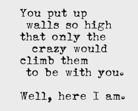 You climbed the walls and I let you in to my world. You were my everything, and I broke down those walls for you. Then, you broke my heart, and as soon as you were gone, and I had healed, I started building those walls back up, making sure they were even higher then before. Love Quotes For Him Boyfriend, Crazy Love Quotes, Deep Relationship Quotes, Secret Crush Quotes, Relationship Quotes For Him, Crazy Quotes, Inspirational Artwork, Love Quotes For Her, Inspirational Quotes About Love