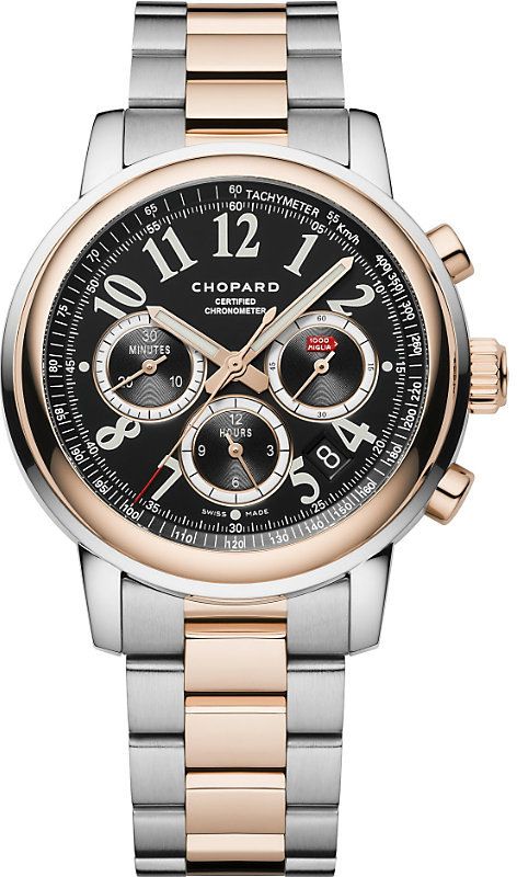 Chopard Mille Miglia Chronograph 18ct Rose-Gold and Stainless Steel Watch http://www.thesterlingsilver.com/product/emporio-armani-gianni-t-bar-womens-quartz-watch-with-mother-of-pearl-dial-and-rose-gold-stainless-steel-bracelet-ar1909/ Chopard Watch, Rolex Women, Mens Chronograph, Authentic Watches, Free Bracelet, Men's Watches, Omega Seamaster, Watch Sale, Sport Watches