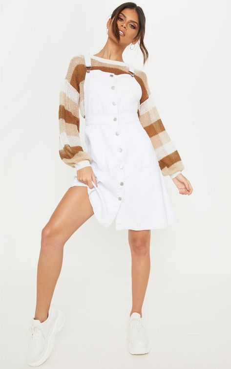 White Denim Button Through Midi Pinafore Dress Dress Jumper Outfit, Pinafore Dress Outfit, Midi Pinafore Dress, White Pinafore, Dresses For Special Occasions, Jumper Outfit, New Dresses, Dreamy Dress, Pinafore Dress