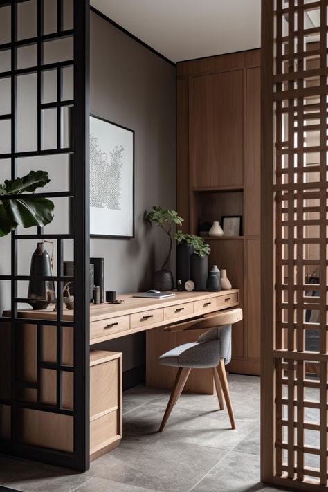 Japandi style home office Japanese Office Design, Japanese Home Office, Japandi Office Design, Office Ideas On A Budget, Japandi Home Office, Modern Home Office Design, Japandi Home, Japanese Minimalism, Japandi Interior