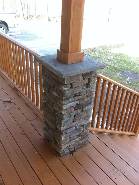 Post example. Stone base with wood Stone Porch Columns, Wood Porch Columns, Stone Porch, Craftsman Style Porch, Front Porch Stone, Front Porch Posts, House Columns, Front Porch Columns, Small Porch Decorating