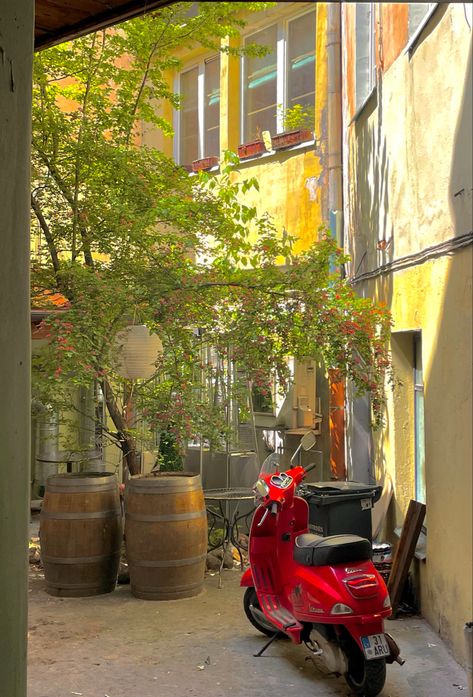 Red moped, city life, vilnius oldtown, aesthetic Red Vespa Aesthetic, Vilnius Aesthetic, Moped Aesthetic, Girl Hobbies, Red Vespa, Subway Surfers, Mopeds, Vilnius, Rich Girl