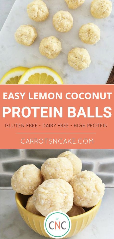 Easy no-bake snacks with a lemony fresh flavor. Great to keep on hand for an on-the-go protein-packed snack or sweet treat. High in protein, gluten-free and dairy free.   #nobake #highproteinsnack #easysnack Coconut Protein Balls, Arbonne Recipes, Protein Balls Recipes, Coconut Protein, Healthy Protein Snacks, Protein Packed Snacks, Protein Dinner, Protein Powder Recipes, Lemon Coconut