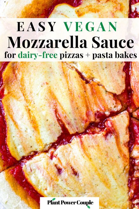 This easy Vegan Mozzarella Sauce is the perfect dairy free cheese topping for plant based pizza and pasta bakes. Just blend up 9 simple ingredients, pour on the liquid mozzarella, and watch it get thick and gooey as it bakes in the oven. This vegan cheese recipe made with silken tofu (and no cashews!) takes less than 5 minutes to prepare, and the results are fantastically versatile! Mozzarella Sauce Recipe, Wfpb Meals, Mozzarella Sauce, Silken Tofu Recipes, Chicken Parm Recipes, Pizza Pasta Bake, Plant Based Pizza, Pasta Bakes, Dairy Free Pizza