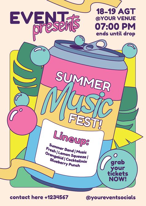 Editable vector poster template for summer music festival or events. Music Festival Invitation, School Festival Poster, Retro Music Festival Poster, Musical Festival Poster, Summer Festival Poster Design, Summer Concert Poster, Summer Festival Branding, Poster Festival Music, Summer Event Poster