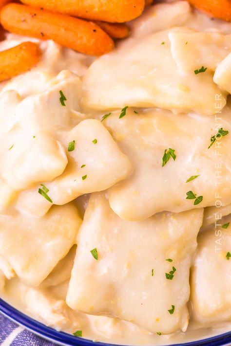 Enjoy the comfort of home with this Copycat Cracker Barrel Chicken and Dumplings recipe! Tender chicken and fluffy dumplings simmered in a rich, creamy broth, just like the restaurant favorite. Chicken And Dumpling Noodles, Chicken And Strip Dumplings, Best Dumplings Recipe Homemade, Dumpling Pastry Recipe, Chicken Dumpling Soup With Frozen Dumplings, Chicken And Dumplings Buttermilk, Slick Dumplings Recipe, Southern Style Dumplings, Dumplings Chicken Recipe