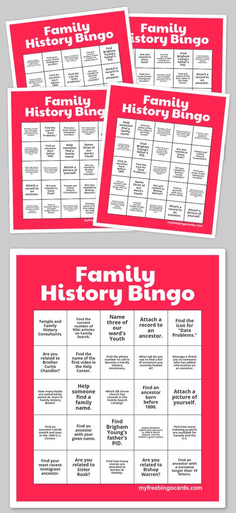 Family History Bingo Human Bingo, Bingo Card Generator, Music Bingo, Free Printable Bingo Cards, Free Bingo Cards, History Games, College Checklist, Yw Activities, Relief Society Activities