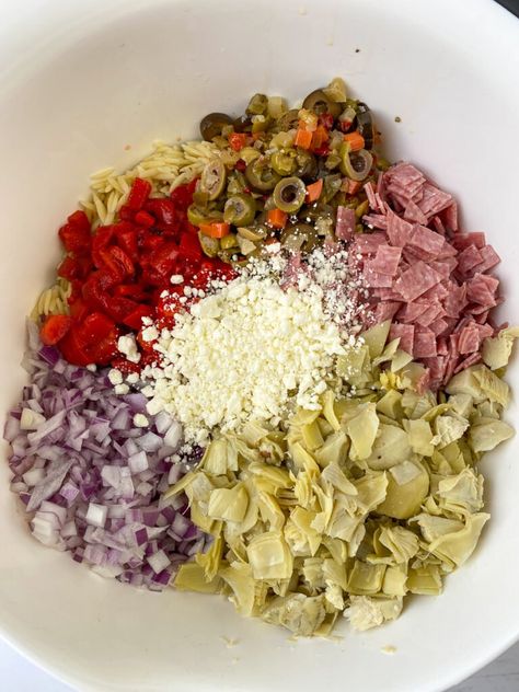 Classic Muffuletta Pasta Salad - Plowing Through Life Muffaletta Salad Recipe, Salad Salami, Muffuletta Salad, Roasted Red Bell Pepper, Salad Inspiration, Potato Pasta, Olive Salad, Pasta Salad Recipe, Easy Pasta Salad