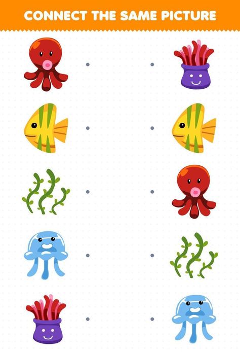 Education game for children connect the same picture of cartoon octopus fish seaweed jellyfish anemone printable underwater worksheet Cartoon Octopus, Preschool Activities Printable, Prewriting Skills, Handwriting Books, Diy Quiet Books, Preschool Colors, Sorting Games, Same Picture, Game For Children