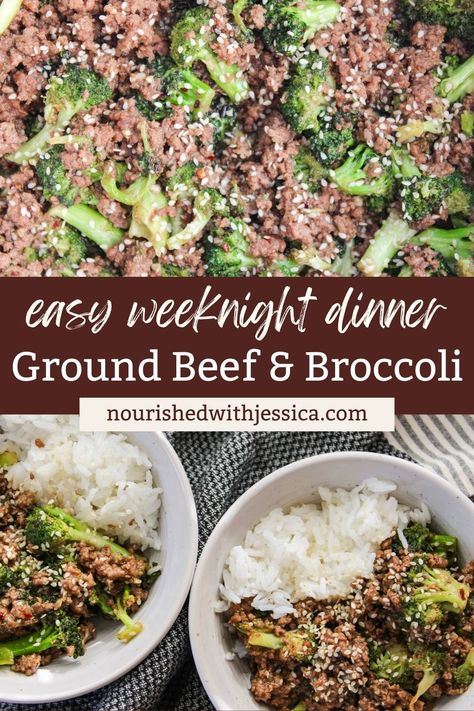 Easy Ground Beef and Broccoli (30 Minute Meal) - Nourished with Jessica Meat Rice And Veggies Meal Prep, Quick And Easy Dinner Recipes Gluten And Dairy Free, Health Ground Beef Recipes, Dairy Free Ground Beef Recipes, Meals To Make With Ground Beef, Quick Ground Beef Recipes, Beef And Broccoli Recipe, Ground Beef And Broccoli, Ginger Beef