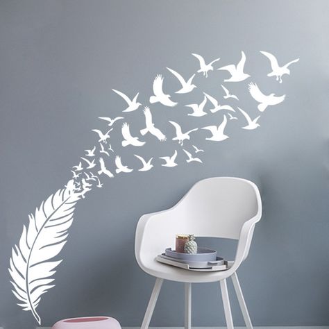 Feather Wall Design, Wall Art Stickers, Feather Wall Painting, Feather Wall Stencil, Bird Wall Stickers, Drawing Room Decor, Wall Sticker Design, Bird Wall Decals, Wall Stickers Home Decor