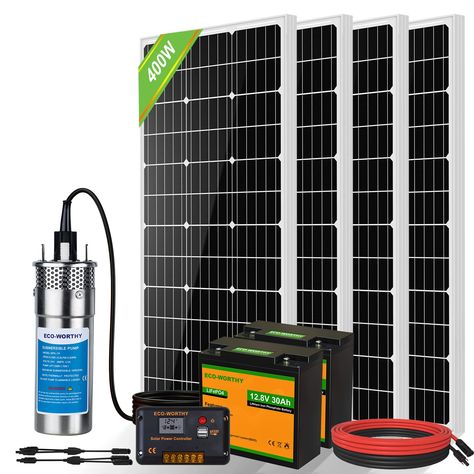 PRICES MAY VARY. [Ultimate 400W Solar Well Pump Kit]: The solar well pump kit includes 400W solar panel kit and 3.2 GPM deep well pump (120W) , 2pcs 30Ah lithium battery with solar power controller. This excellent solar water pumping system makes the pump powerful as a beast. [Powerful 30Ah Lithium Battery]: ECO-WORTHY lithium iron phosphate battery (LiFePO4) can be recharged more than 3000 deep cycles. Built-in BMS protects the cell from getting damage like: overcharge, over-discharge, discharg Solar Well Pump, Solar Water Pumping System, Deep Well Submersible Pump, Pond Home, Fall Pumps, Diy Septic System, Water Pump System, Deep Well Pump, Grid Ideas