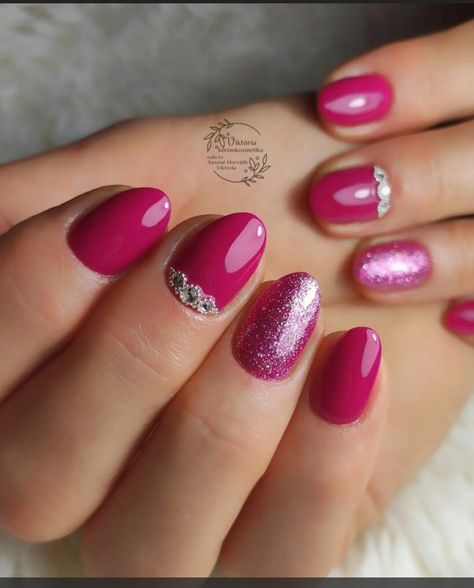 Dark Pink Bridal Nails, Dark Pink Nails With Glitter, Dark Pink Nails Acrylic, Dark Pink Nail Art, Pink Bridal Nails, Nails Dark Pink, Dark Pink Nail Polish, Pink Nails 2023, Nail Extensions Acrylic