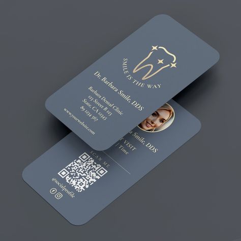 Modern Dentist Orthodontist Light Blue Grey Business Card Silver Business Card, Gold Tooth, Qr Code Business Card, Gold Business Card, Professional Business Card Design, Modern Business Card, Dental Cosmetics, Gold Teeth, Dark Blue Grey