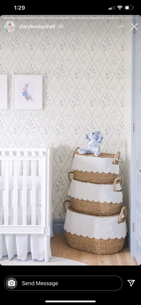 Clary Bosbyshell, Light Blue Nursery, Nursery Inspiration Boy, Navy Blue Nursery, Beatrix Potter Nursery, Nursery Accent Wall, Traditional Nursery, Peter Rabbit Nursery, Nursery Baskets