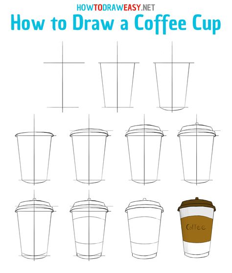 Starbucks Coffee Cup Drawing, How To Draw A Coffee Cup Step By Step, Coffee Outline Drawing, How To Draw Drinks, How To Draw A Cup, How To Draw A Coffee Cup, Starbucks Drawing Easy, How To Draw Coffee, Cartoon Coffee Cup Drawing