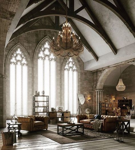 Who wants a converted church when you can have a converted cathedral! 🖤🖤🖤 Via @behance . ▪️ ▪️▪️ ▪️▪️▪️ #Architecture #homedesign… Gothic Style Home, Gothic Interior Design, Gothic Interior, Modern Gothic, Loft Stil, Interior Design Per La Casa, Architecture Modern, Vaulted Ceilings, Loft Design