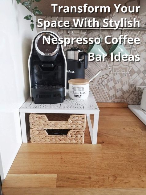 Looking to elevate your home coffee experience? Check out these chic Nespresso coffee bar ideas to create a cozy and stylish nook in your space. From sleek countertops to trendy storage solutions, get inspired to transform your morning routine with these curated designs. Perfect for coffee lovers looking to add a touch of luxury to their daily brew. Nespresso Station, Nespresso Coffee Station Ideas, Nespresso Storage, Nespresso Coffee Bar Ideas, Nespresso Coffee Bar, Coffee Bar Ideas, Coffee Bar Design, Nespresso Coffee, Nespresso Machine