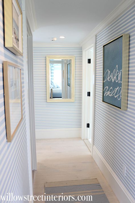 Beachy Mudroom Ideas, Wallpaper Entryway Foyers Coastal, Coastal Farmhouse Foyer, Coastal Home Wallpaper, Coastal Living Room Wallpaper, Emerald Hallway, Beach House Carpet Ideas, Coastal Accent Walls, Coastal Trim Ideas