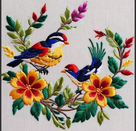 Basic Hand Embroidery Stitches, Birds Embroidery Designs, Digital Embroidery Patterns, Crewel Embroidery Kits, Diy Embroidery Designs, Handmade Flowers Fabric, Soyut Sanat Tabloları, Hand Embroidery Tutorial, Handmade Embroidery Designs