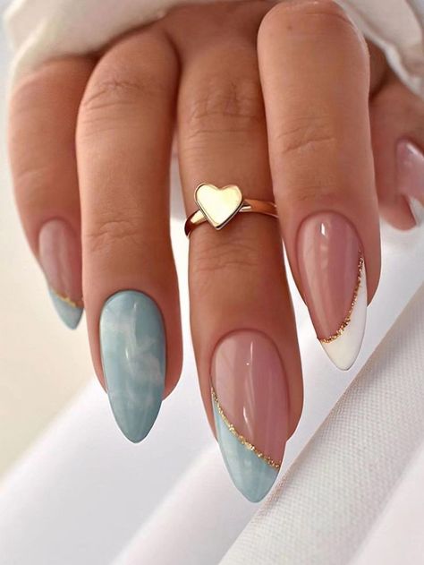 Alice Blue Nails, Blue And White Nails, Blue Gel Nails, Baby Blue Nails, Smink Inspiration, Simple Gel Nails, Purple Nail, Color Nails, Blue Nail Designs