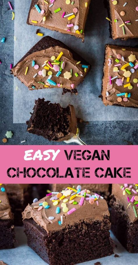 Easy vegan chocolate cake - this simple vegan chocolate sheet cake is quick and easy to make and doesn't use any unusual or hard to find ingredients. It is so moist and rich you would never guess that it is free from eggs and dairy! #vegan #vegancake #chocolatecake #veganbaking #plantbased #eggless #dairyfree #veganchocolatecake #snackcake #celebrationcake #chocolatebuttercream #veganfrosting Easy Vegan Chocolate Cake, Cinnamon Tea Cake, Vegan Frosting, Raspberry Bars, Chocolate Bread Pudding, Chocolate Sheet Cake, Vegan Chocolate Cake, Vegan Cake Recipes, Valentine's Day Recipes