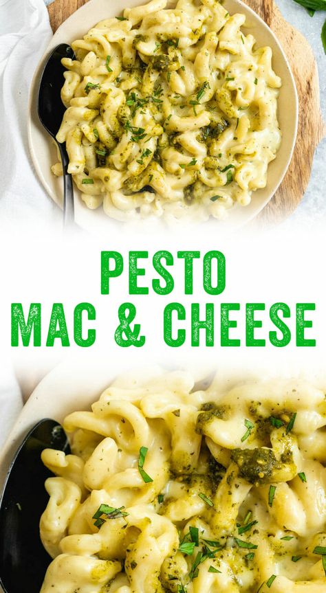 A swirl of basil pesto brings so much flavor to this classic comfort food! This pesto mac and cheese features Havarti cheese for ultra creaminess. #pesto #macandcheese #pasta #mac #family #dinner #healthy #mealprep Pesto Mac And Cheese, Vegan Pesto Recipe, Cheese All, Pesto Cheese, A Couple Cooks, Havarti Cheese, Vegan Pesto, Vegetarian Cookbook, Havarti