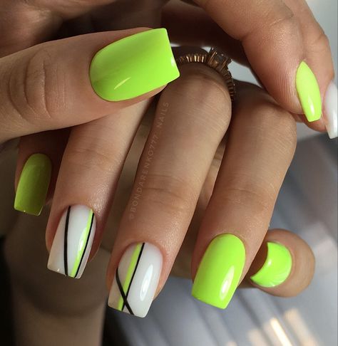 Neon Nails For Short Nails, Neon Simple Nails, Simple Neon Nail Designs, Bright Summer Acrylic Nails Short Square, Neon Nails For Summer, Short Neon Nail Designs, Neon Nail Inspo Short, Neon Green And White Nails, Bright Summer Nails Designs Neon Fun Color Combos