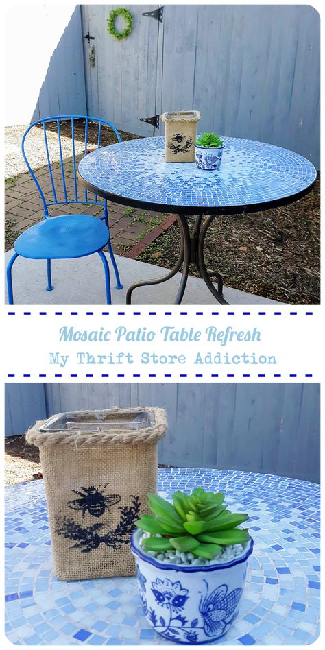 How to refresh a mosaic patio table using supplies you probably already have in your house! Patio Table Redo, Tile Patio Table, Mosaic Patio, Mosaic Outdoor Table, Mosaic Patio Table, Mosaic Tile Table, Round Patio Table, Tile Table, Outdoor Patio Table