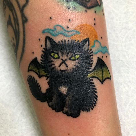 Cute black cat bat tattoo Traditional Black Cat Tattoo, American Traditional Cat, Black Cat Tattoo, Kitten Tattoo, Halloween Flash, Flash Ideas, Vampire Cat, Black Cat Tattoos, Bat Tattoo