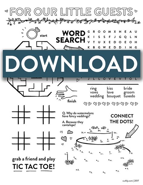 These printable wedding activity pages will help keep little hands busy during your big day! Give your youngest guests something fun to do.    #Curbly-Original, #Printable, #free printable, #free download, #wedding, #Wedding reception, #activity, #puzzle, #word search, #maze, #marriage, #bride, #groom Wedding Activity Pages, Watermelon Wedding, Wedding Shower Activities, Kids Word Search, Wedding Reception Activities, Wedding Coloring Pages, Free Printable Word Searches, Reception Activities, Wedding Activity