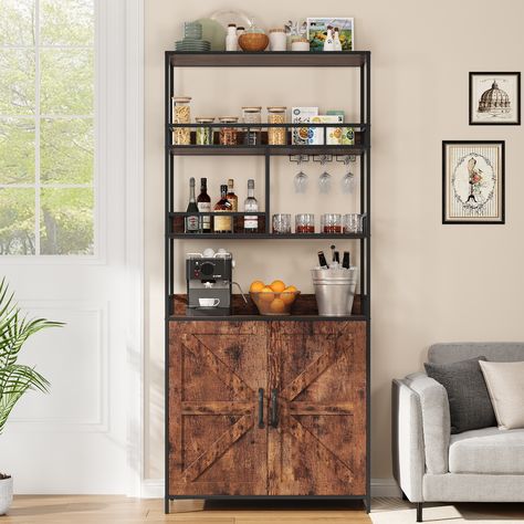 [Ample storage space] Our 5 Tier Wine Cabinet features various open storage shelves ideal for keeping wine sets easily accessible, along with a smaller open shelf designed for neatly organizing bottles and cans. Tall Bar Cabinet, Microwave Storage, Cabinet Tall, Open Storage Shelves, Microwave Stand, Utility Shelves, Wine Bar Cabinet, Bakers Rack, Kitchen Storage Rack