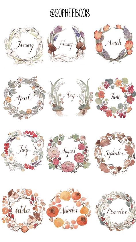 Bahasa Jepun, Floral Wreaths, Scrapbook Stickers Printable, Bullet Journal Design Ideas, Bullet Journal Themes, Bullet Journal Art, 수채화 그림, Journal Themes, Bullet Journal Stickers