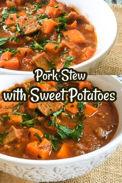 Pork Tenderloin And Sweet Potato Recipes, Pork Sweet Potato Recipes, Meatball Pie, Pork Stew Meat Recipes, Pork Stew Meat, Pork Stew Recipes, Vindaloo Recipe, Sweet Potato Stew, Easy Suppers