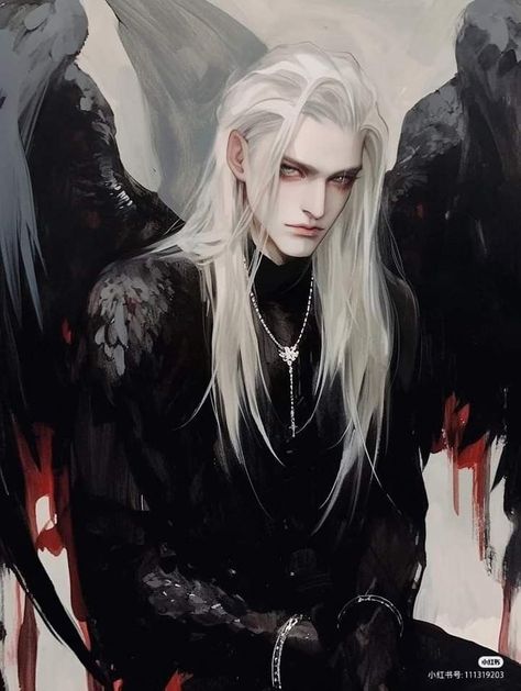 Fantasy Mountains, Long White Hair, Ange Demon, Vampire Art, Aesthetic Inspiration, Black Wings, Adjustable Jewelry, Fantasy Aesthetic, Angels And Demons