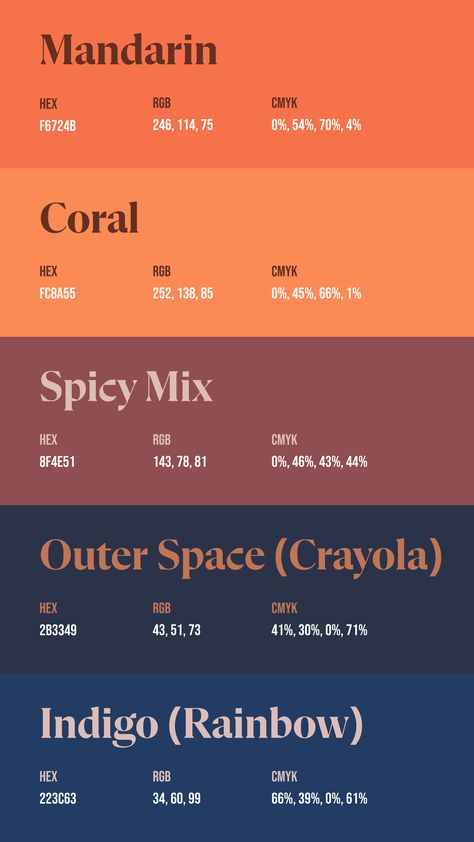 Colors: F6724B ° FC8A55 ° 8F4E51 ° 2B3349 ° 223C63 Color Palette Muted Colour Schemes, August Colors 2024, Colors That Match With Orange, Great Color Palettes, Aesthetic Red Color Palette, Dark Bohemian Color Palette, Hunter Green Palette Color Combinations, Red Orange Brown Color Palette, Vintage Orange Color Palette