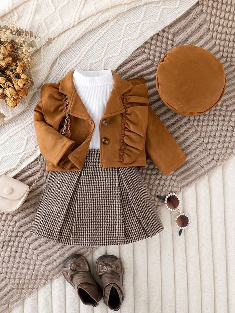 Brown  Collar   Houndstooth  Embellished Non-Stretch Spring/Fall Baby Girls Clothing Clothes Brown, Baby Rock, Luxury Baby Clothes, Pleated Skirt Set, Mom Daughter Outfits, Fall Baby Clothes, Plaid Pleated Skirt, Kids Fashion Dress