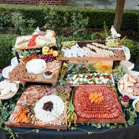 One of the multiple cheese appetizer tables at a beautiful outdoor wedding at a house in Detroit. Multiple Charcuterie Boards Display, Appetizers For Cocktail Hour, Dinner Charcuterie, Appetizer Tables, Charcuterie Board Display, Greek Board, Charcuterie Cones, Wedding Cheese, Outdoor Wedding Tables