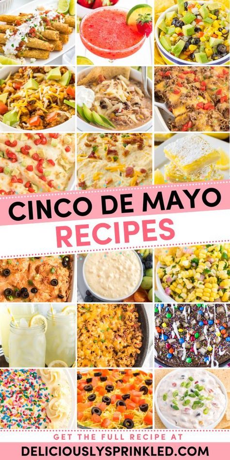 There's something for both kids and adults in this delicious roundup of Cinco de Mayo food and Cinco de Mayo drink ideas! They're just in time for your Cinco de Mayo dinner menu. Find Cinco de Mayo side dish recipes, main dishes, dessert recipes, and cocktails! Cinco De Mayo Potluck Food, Cinco De Mayo Menu Ideas, Cinco De Mayo Potluck Ideas, Cinco De Mayo Side Dishes, Recipes Main Dishes, Cinco De Mayo Recipes, Easy Skillet Dinner, Party Side Dishes, Mexican Side Dishes