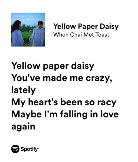 Yellow Paper Daisy, When Chai Met Toast, Song Widget, Daisy Lyrics, Spotify Aesthetic, Aesthetic Lyrics, Paper Daisy, Im Falling In Love, Spotify Lyrics