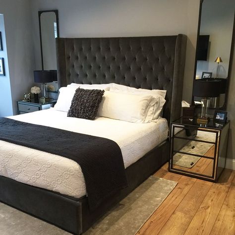 Restoration Hardware Tufted Adler Bed 68" height, King, Charcoal Luxury Bedroom Design Black, Luxury Bedroom Black, Luxury Bedroom Aesthetic, Bedroom Aesthetic Black, Black Luxury Bedroom, Restoration Hardware Bedroom, Charcoal Bedroom, Black Bedroom Design, Black Bedroom Decor