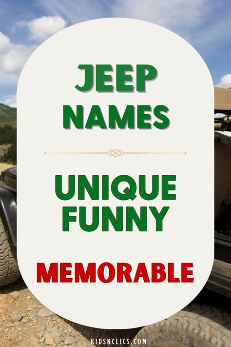 If you're unsure what to name your new Jeep, explore these four unique options. Each name comes with a compelling backstory and a quirky twist to make it truly special. Jeep Wrangler Theme Ideas, White Jeep Names Ideas, Jeep Wrangler Names Ideas, White Jeep Wrangler Aesthetic, Jeep Wrangler Names, Names For Your Car, Jeep Names Ideas, Jeep Themes, Jeep Graphics